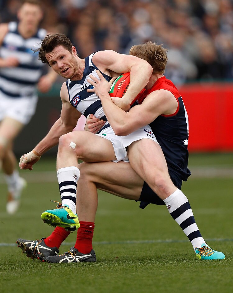 AFL 2016 Rd 23 - Geelong v Melbourne Patrick Dangerfield was crunched in a Sam Frost tackle - ${keywords}